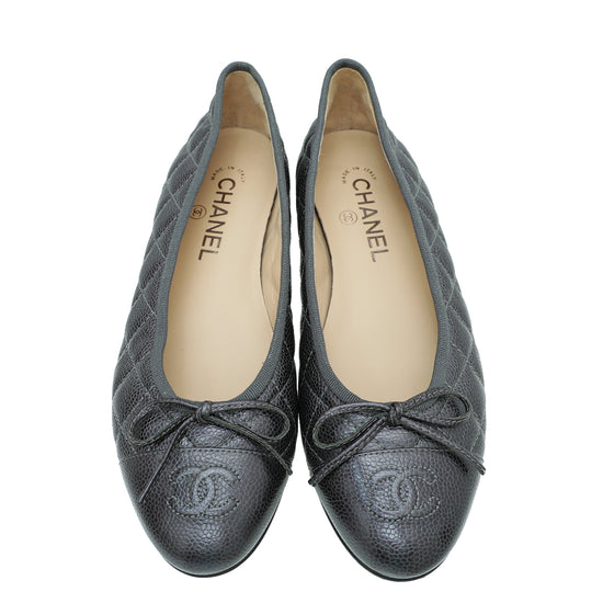 Chanel Metallic Dark Grey CC Cap Toe Quilted Flat Ballerina 38