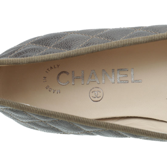 Chanel Olive Green CC Cap Toe Quilted Flat Ballerina 38