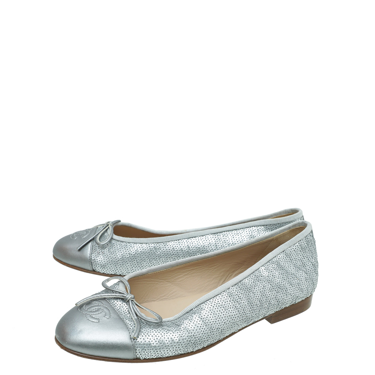 Chanel Metallic Silver CC Cap Toe Sequins Flat Ballet 38-Chanel-THE CLOSET
