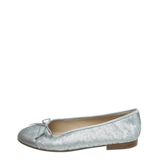 Chanel Metallic Silver CC Cap Toe Sequins Flat Ballet 38