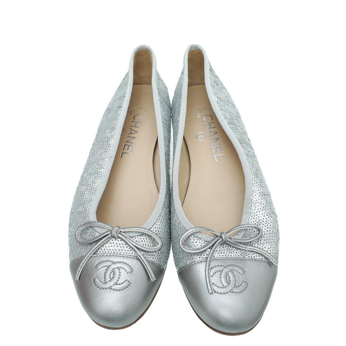 Chanel Metallic Silver CC Cap Toe Sequins Flat Ballet 38