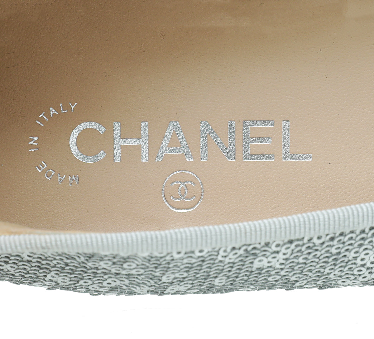 Chanel Metallic Silver CC Cap Toe Sequins Flat Ballet 38