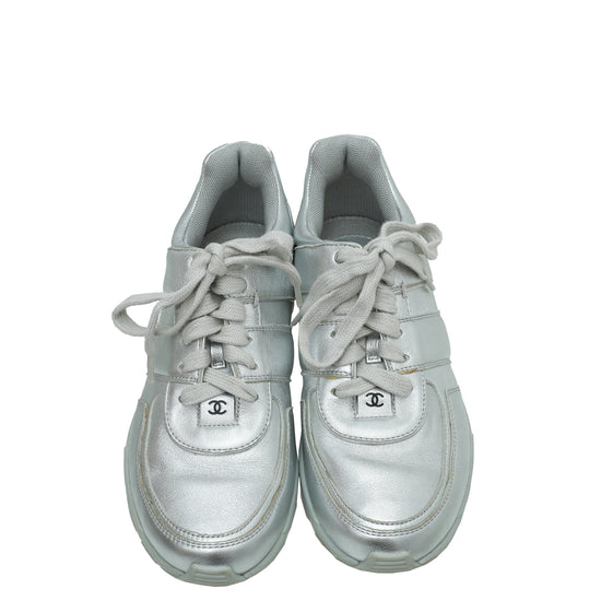 Chanel Metallic Silver CC Metallic Trainer Sneaker 38