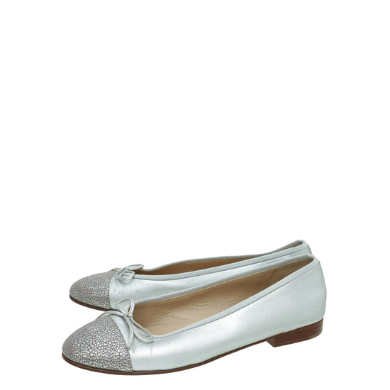 Chanel Metallic Silver CC Cap Toe Ballet Flats 38