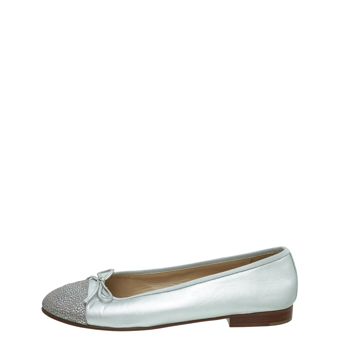 Chanel Metallic Silver CC Cap Toe Ballet Flats 38