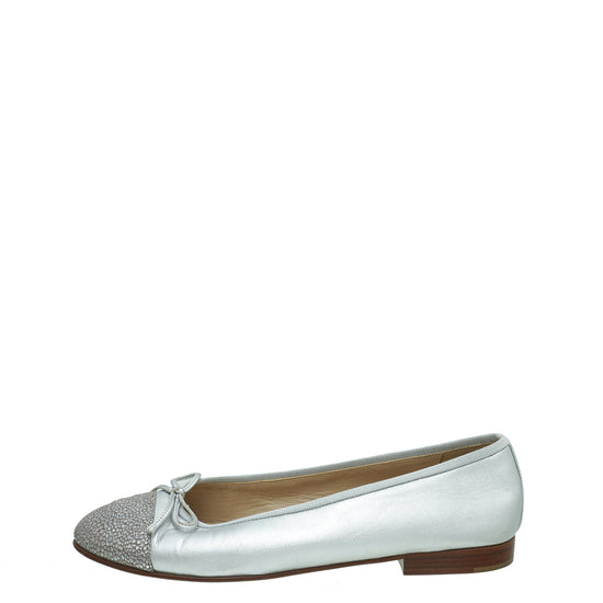 Chanel Quilted Leather Cap Toe Ballerina Flats // Silver (Euro: 36