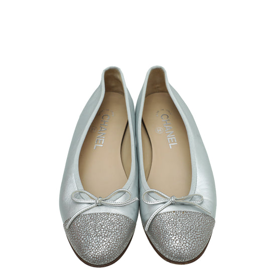 Chanel Metallic Silver CC Cap Toe Ballet Flats 38