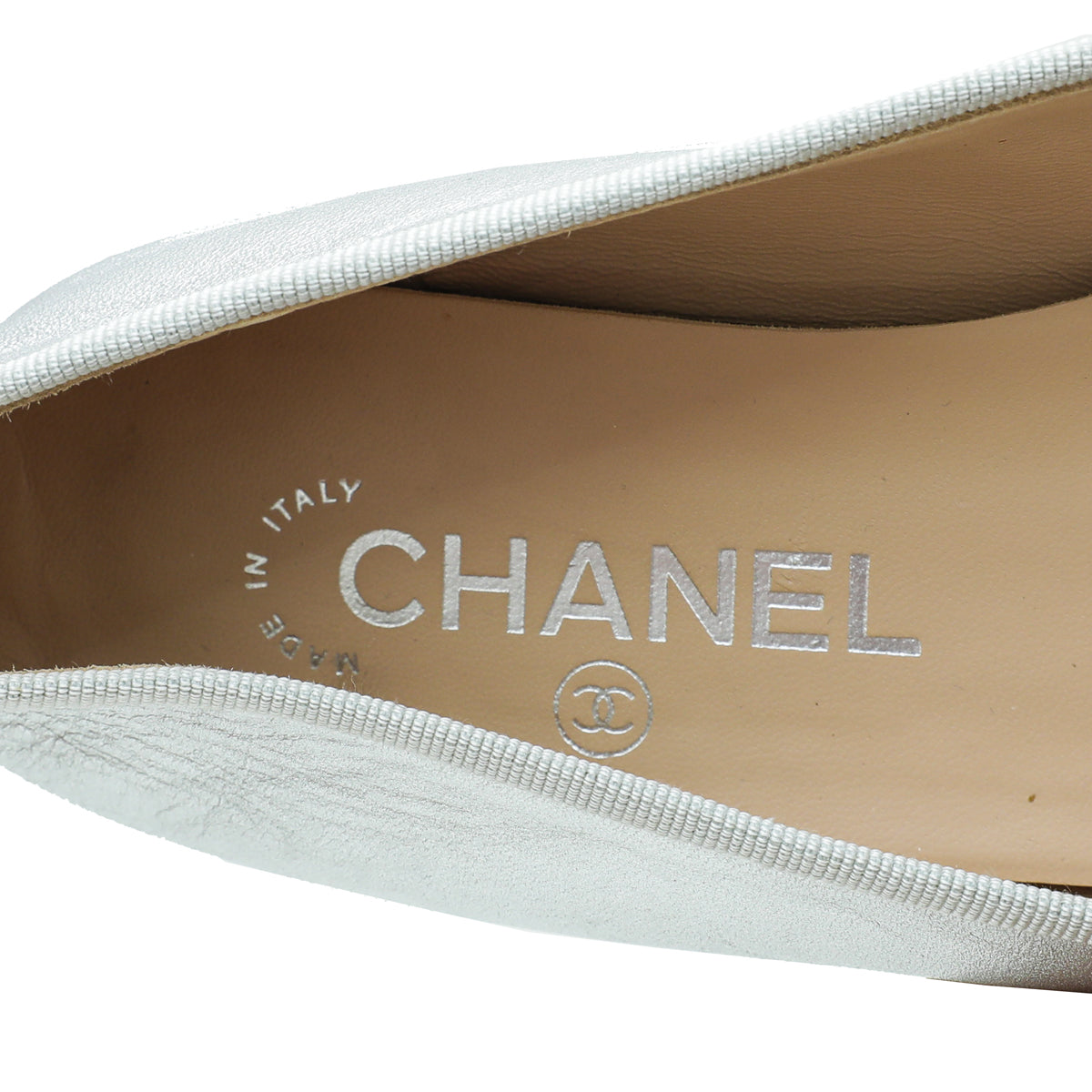 Chanel Metallic Silver CC Cap Toe Ballet Flats 38