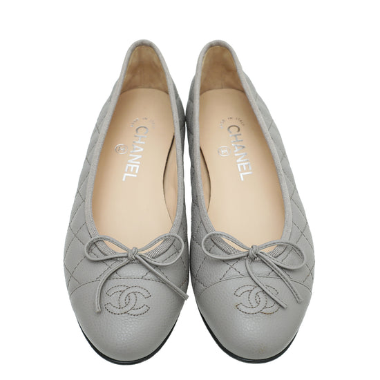 Chanel Grey CC Cap Toe Quilted Flat Ballet 38