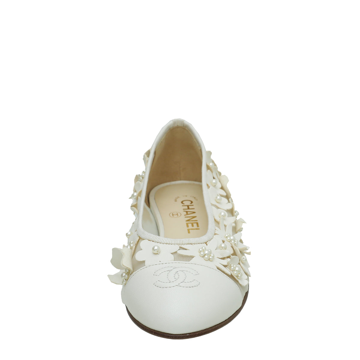 Chanel White CC Cap Toe Flower Pearl Embroidered Flat Ballet 38-Chanel-THE CLOSET