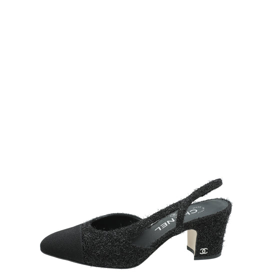 Chanel Slingback Heels Pumps 35.5 Cap Toe Metallic Lambskin/Fabric  Gold/Black