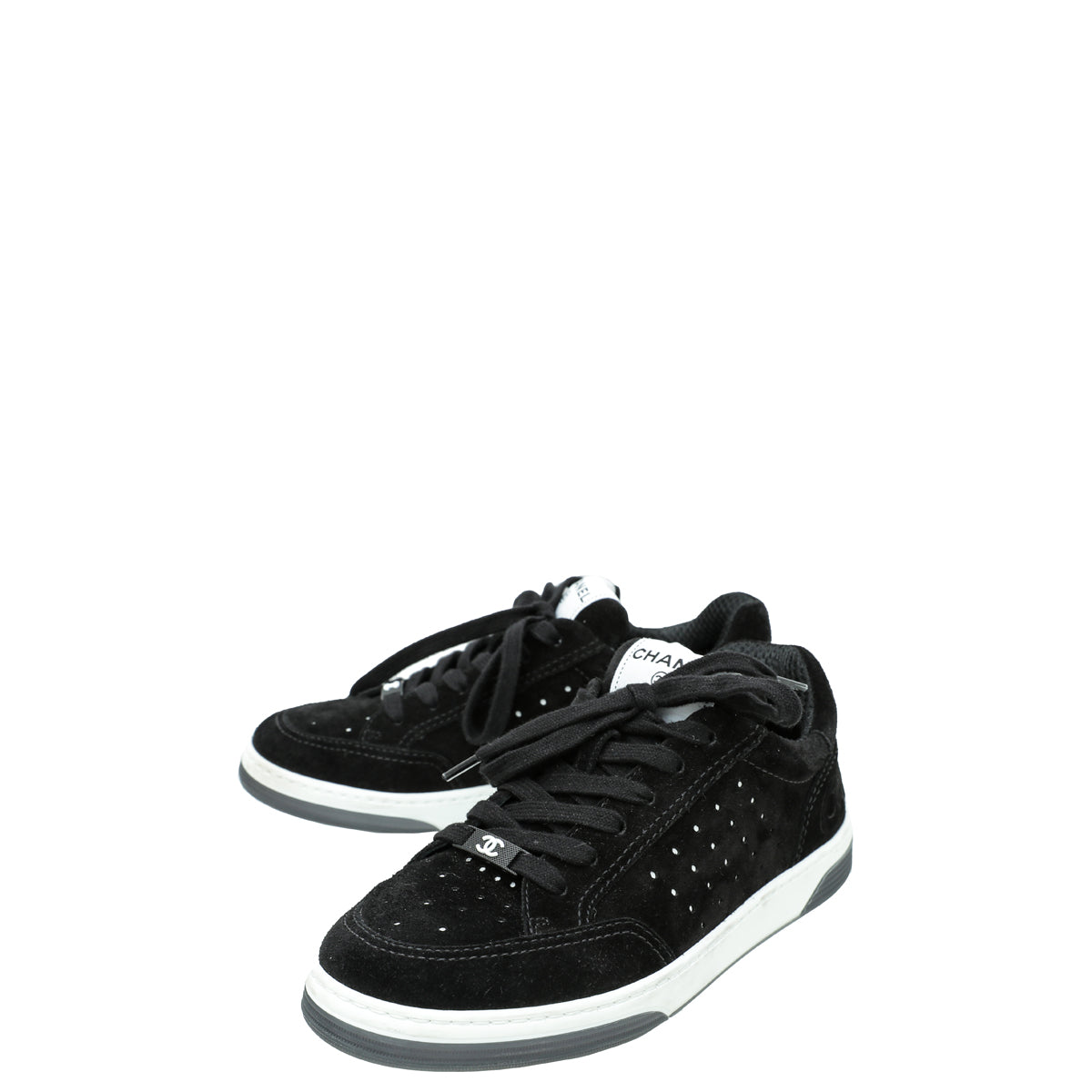 Chanel Black Suede Perforated CC Lace Up Sneakers 37-Chanel-THE CLOSET