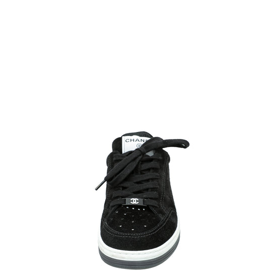 Chanel Black Suede Perforated CC Lace Up Sneakers 37