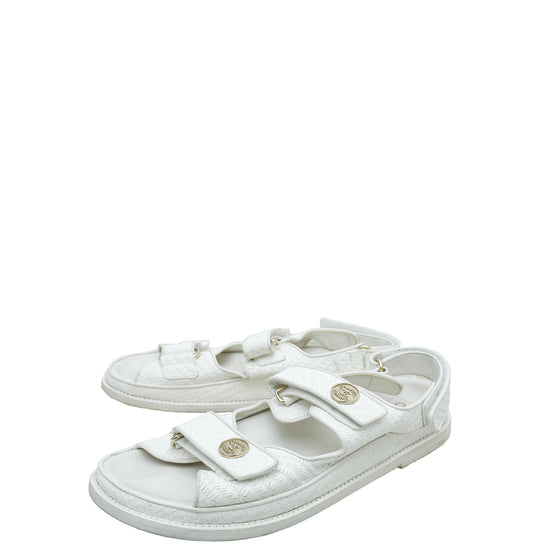 Chanel White Quilted Leather Lambskin Chain Link Cc Dad Flats Sandals   MISLUX