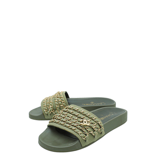 Chanel Interlocking CC Logo Chain-Link Accents Slides - Green Sandals, Shoes  - CHA950453