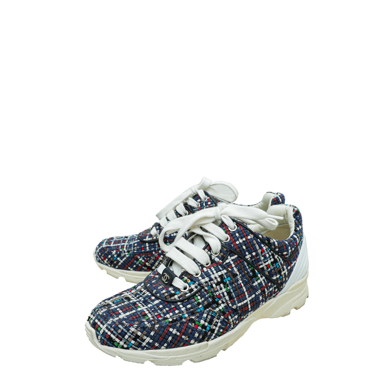 Chanel Blue Multicolor CC Tweed Trainer Sneaker 38.5