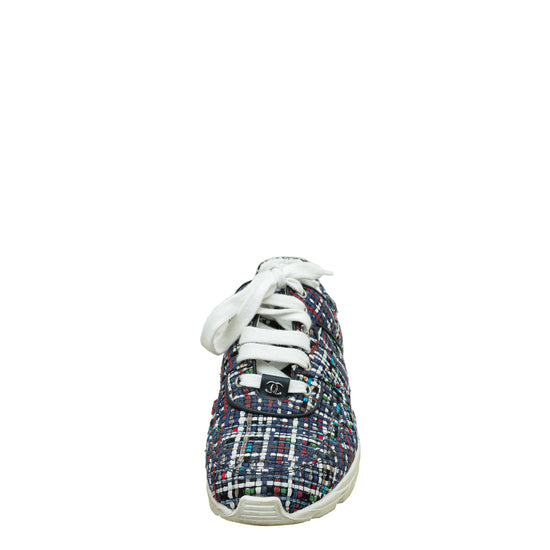 Chanel Blue Multicolor CC Tweed Trainer Sneaker 38.5