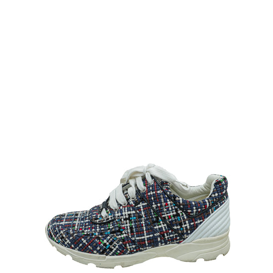 Chanel Blue Multicolor CC Tweed Trainer Sneaker 38.5