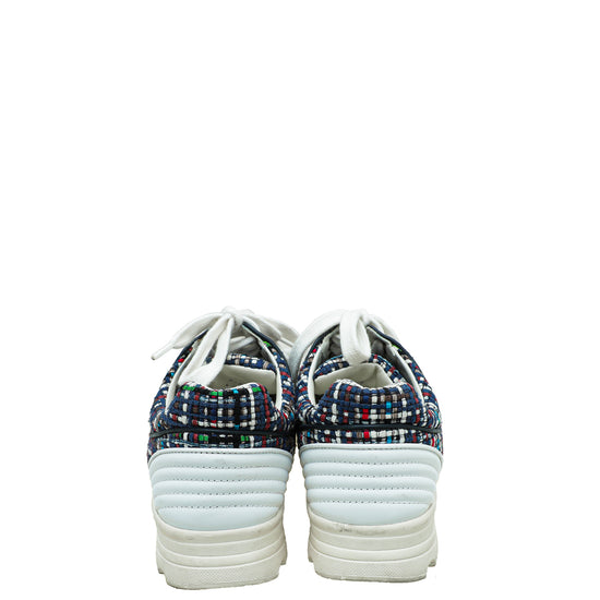 Chanel Blue Multicolor CC Tweed Trainer Sneaker 38.5