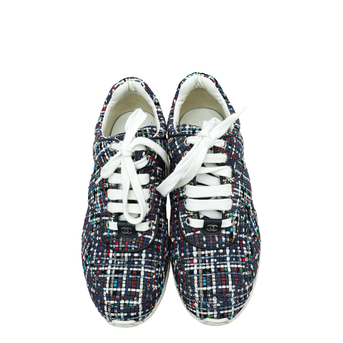 Chanel Blue Multicolor CC Tweed Trainer Sneaker 38.5