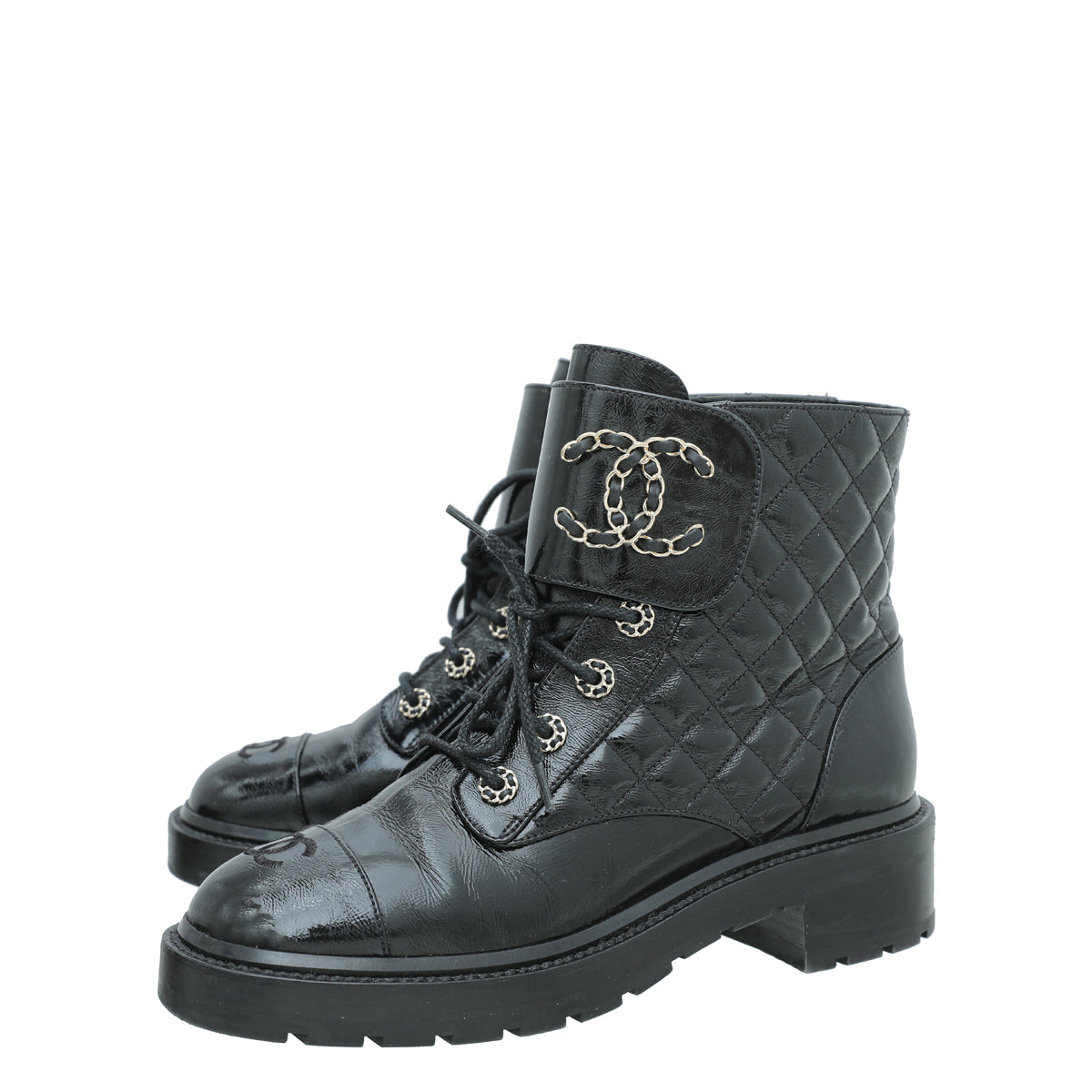 Chanel Black Glazed Leather Lace Up Combat Boots Size 10/40.5 - Yoogi's  Closet