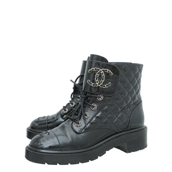 Chanel Black CC Shiny Lace Up Combat Boots 40.5 – The Closet