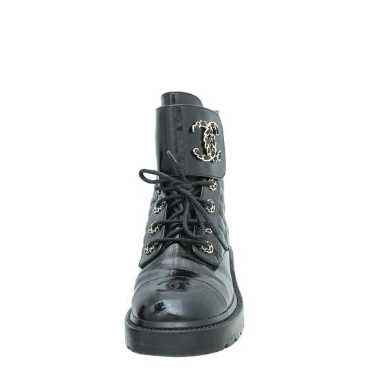 Chanel Black CC Shiny Lace Up Combat Boots 40.5