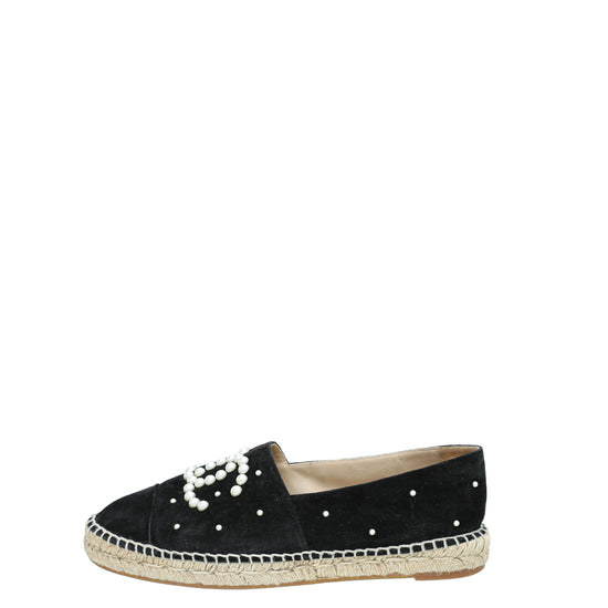 Chanel Black CC Velvet Pearl Espadrille 41