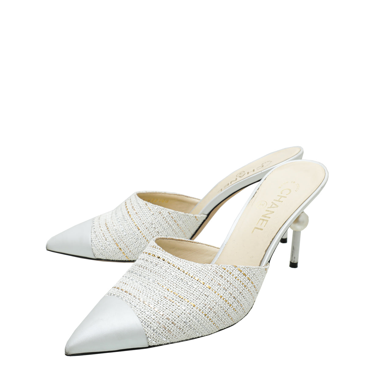 Chanel Light Silver CC Tweed Cap Toe Pearl Heel Mules 42 – The Closet