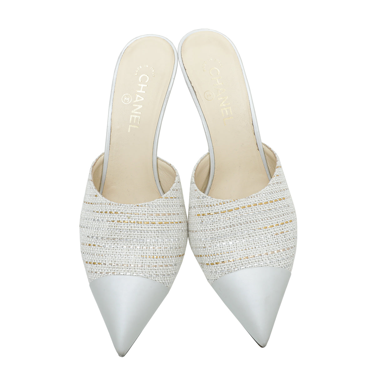Chanel Light Silver CC Tweed Cap Toe Pearl Heel Mules 42 – The Closet