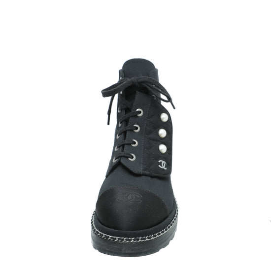 Chanel Black CC Fabric Pearl Combat Short Boots 37.5