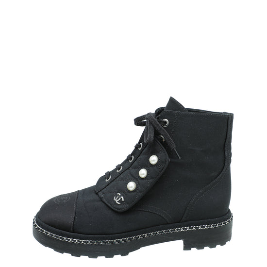 Chanel Black CC Fabric Pearl Combat Short Boots 37.5