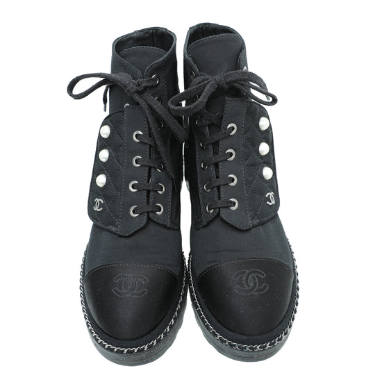 Chanel Black CC Fabric Pearl Combat Short Boots 37.5