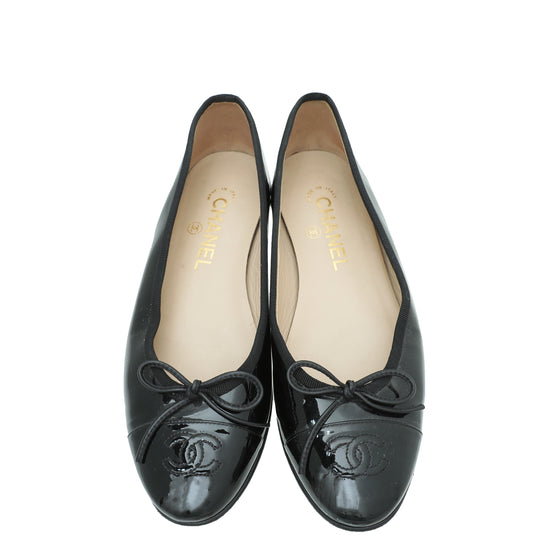 Chanel Black CC Cap Toe Quilted Flat Ballet 37.5