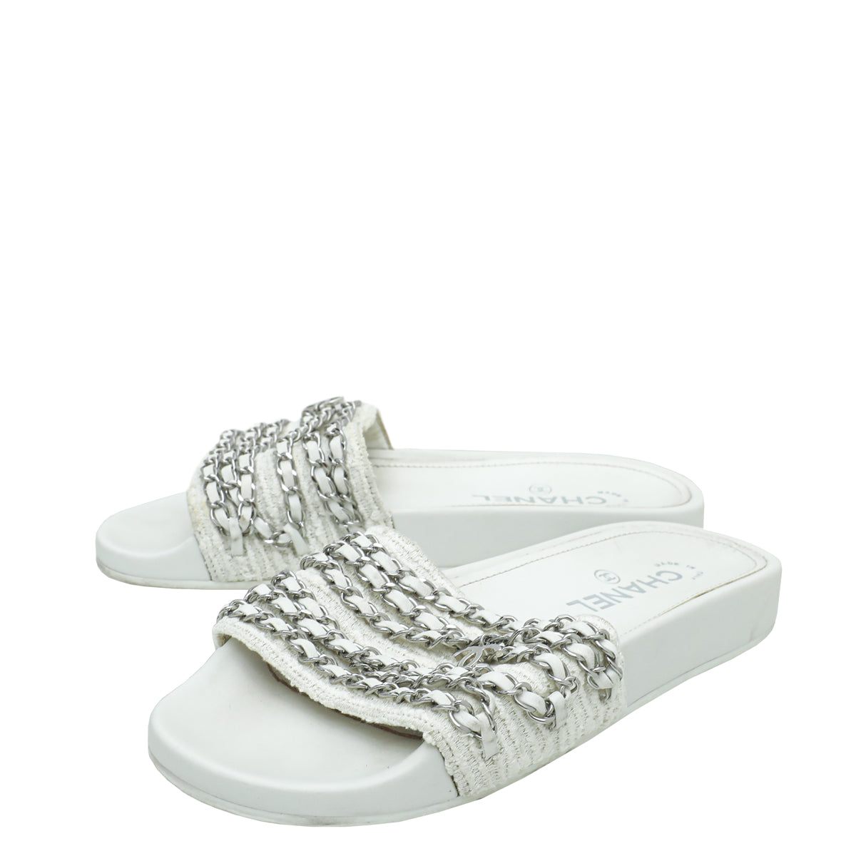 Chanel White Satin CC Charm Chain Slide Sandal 37-Chanel-THE CLOSET