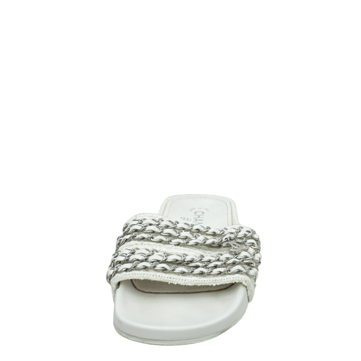 Chanel White Satin CC Charm Chain Slide Sandal 37-Chanel-THE CLOSET