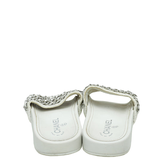 Chanel White Satin CC Charm Chain Slide Sandal 37