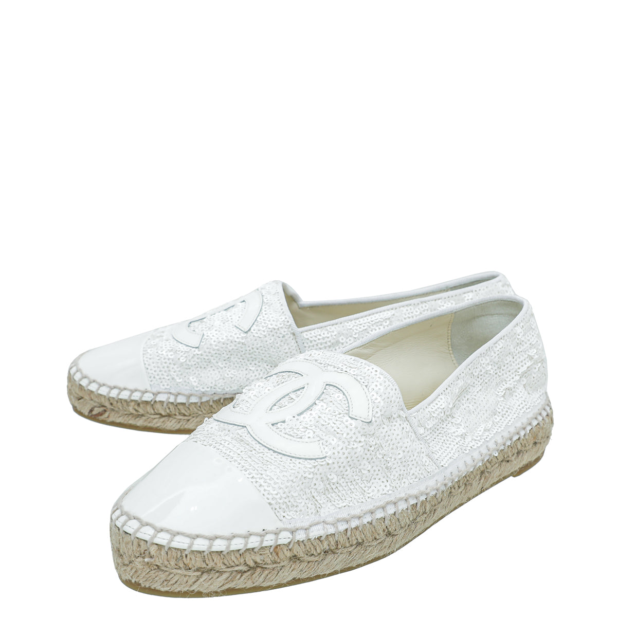 Chanel White CC Cap Toe Patent Sequin Espadrille 39-Chanel-THE CLOSET