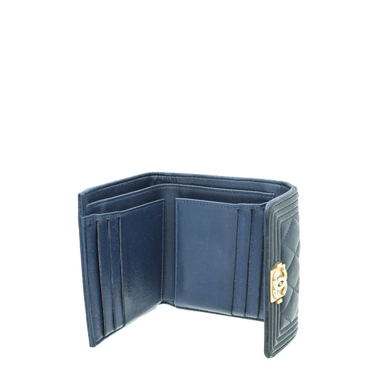 Chanel Boy Small Trifold Wallet Caviar Navy Blue - Kaialux