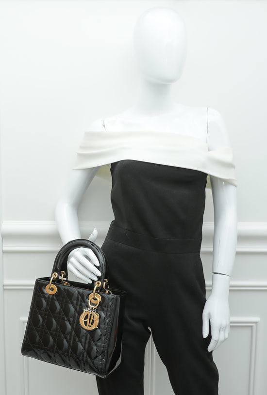 Christian Dior Black Lady Dior Patent Medium Bag