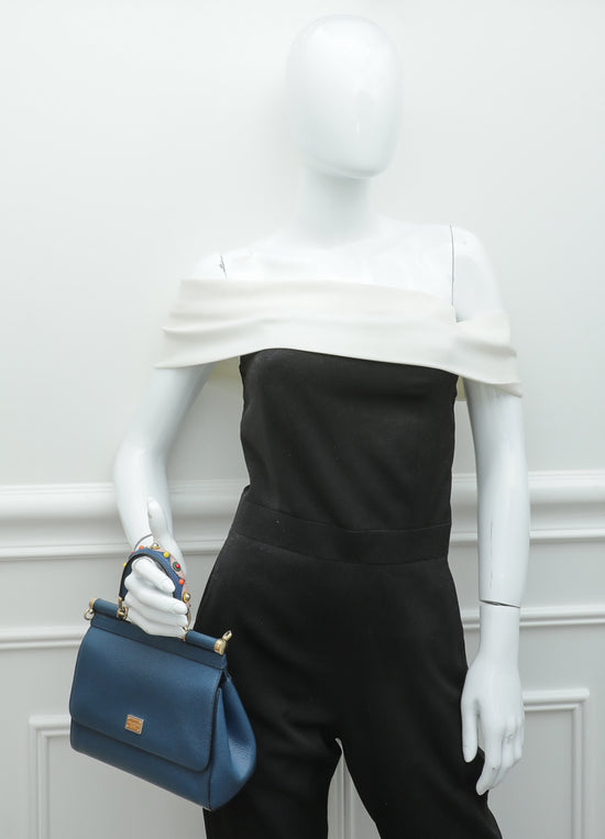 Dolce & Gabbana Blue Sicily Studs Handle Small Bag