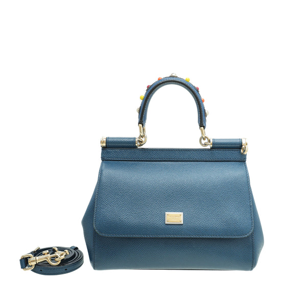 Dolce & Gabbana Blue Sicily Studs Handle Small Bag