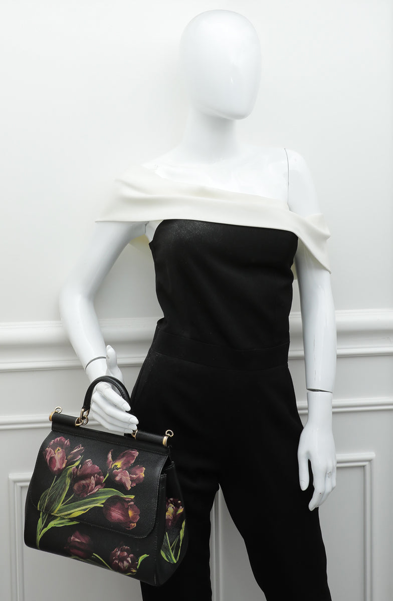 Dolce & Gabbana Black Dauphine Sicily Print Medium Bag