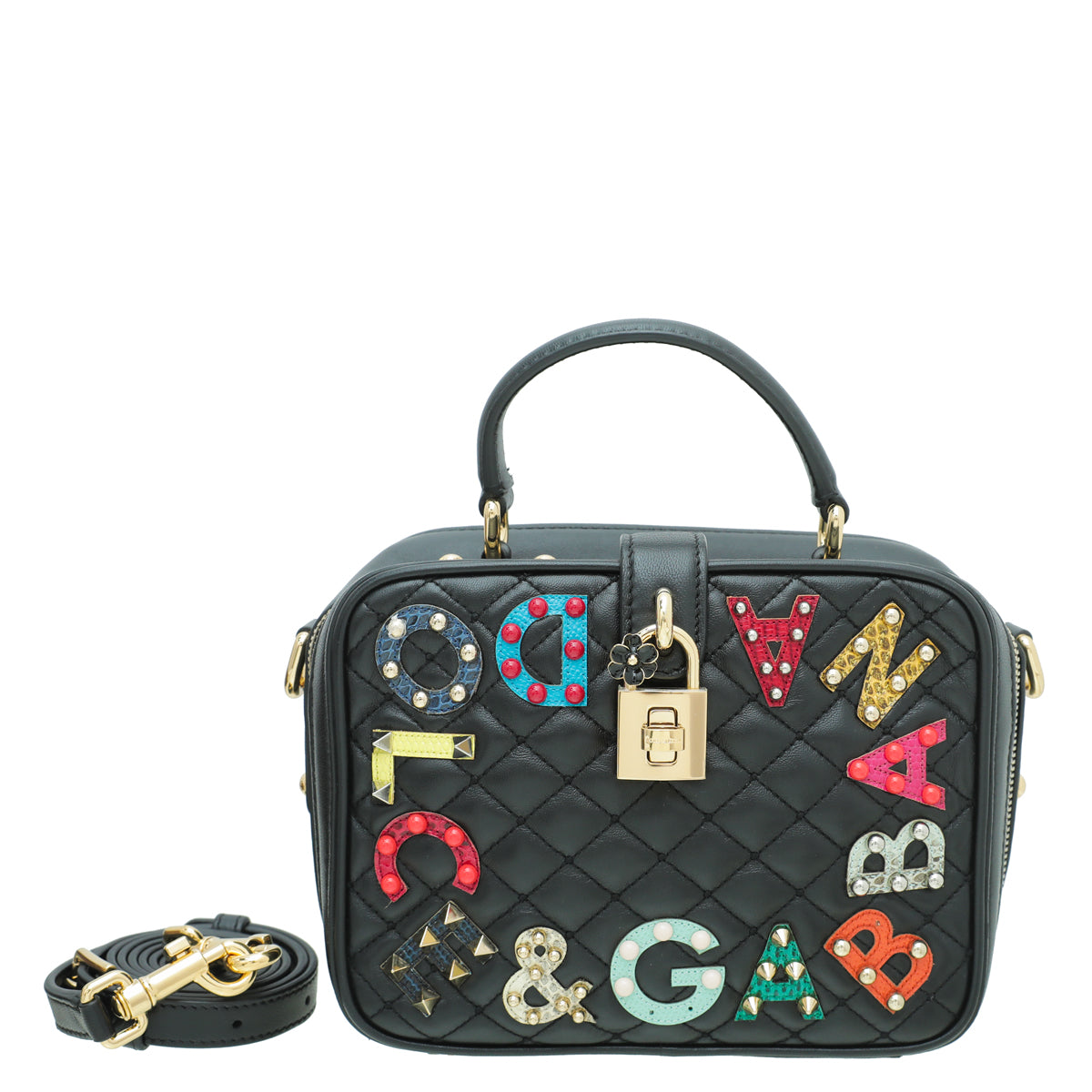 Dolce & Gabbana Black Multicolor Logo Studded Dolce Box Top Handle-Dolce & Gabbana-THE CLOSET