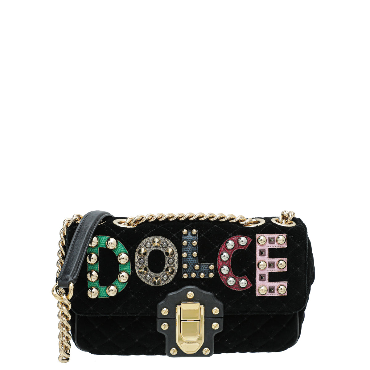 Dolce & Gabbana Black Multicolor Velvet Lucia Falp Chain Bag-Dolce & Gabbana-THE CLOSET