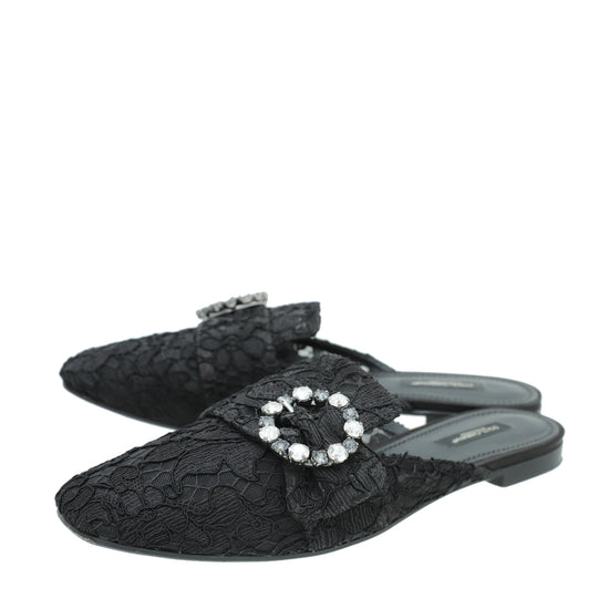Dolce & Gabbana Black Lace Crystal Buckle Mules 39.5