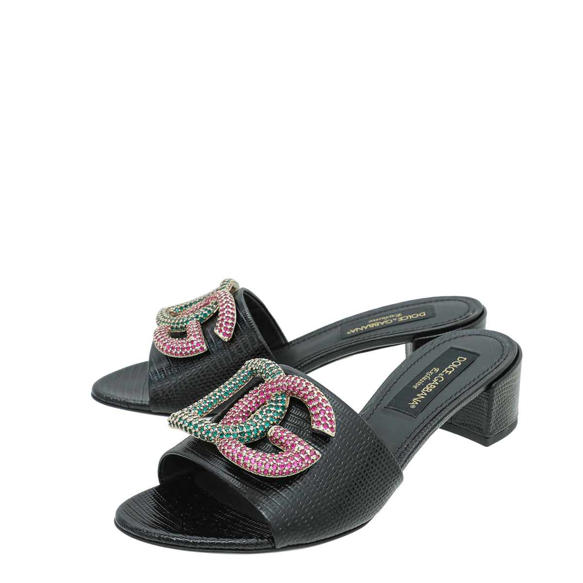 Dolce & Gabbana Black Iguana Print DG Crystal Slide Mules 37.5