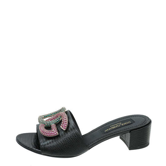 Dolce & Gabbana Black Iguana Print DG Crystal Slide Mules 37.5