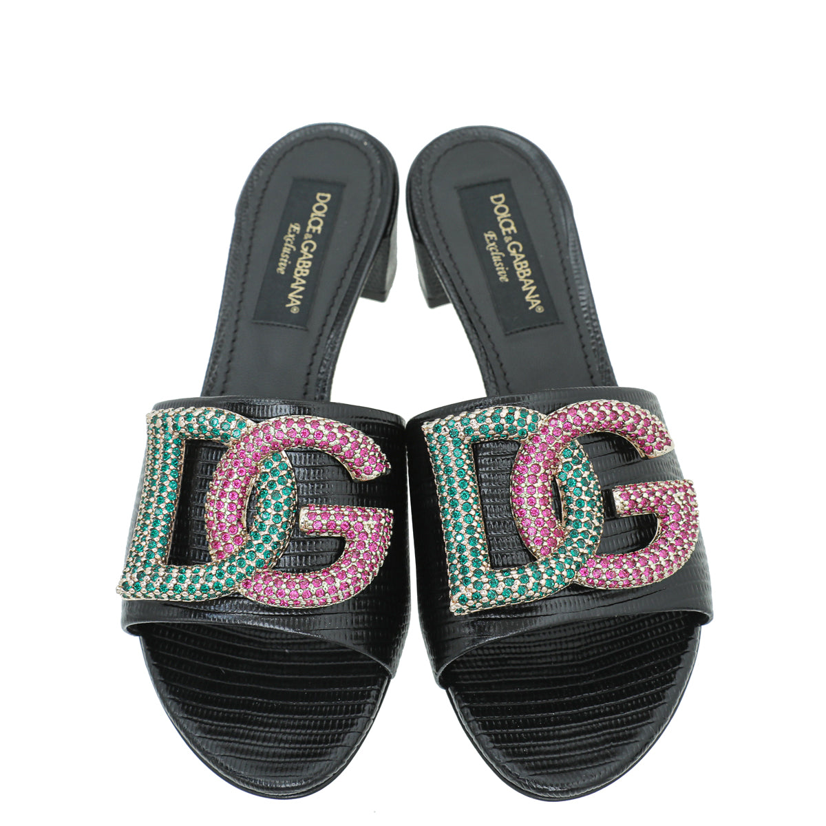 Dolce & Gabbana Black Iguana Print DG Crystal Slide Mules 37.5