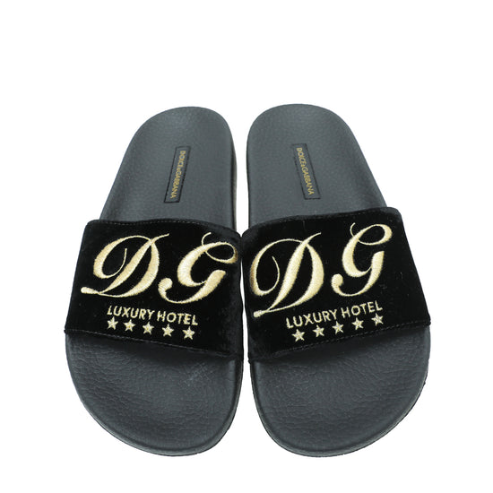 Dolce & Gabbana Black Velvet Luxury Hotel Slide Sandals 36